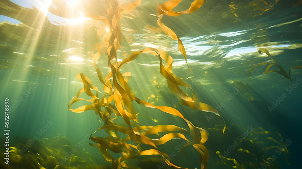 underwater scene with sun rays, underwater scene with reef and fishes, Tranquil underwater scene with copy space,Nature habitat underwater