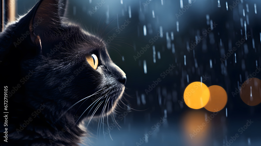 a black cat watching the rain fall, side view