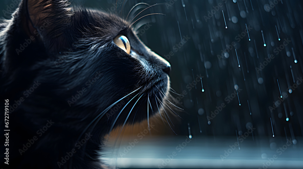 a black cat watching the rain fall, side view