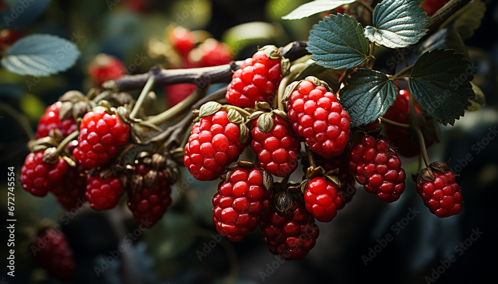 Fresh raspberry on a branch, nature sweet and healthy delight generated by AI