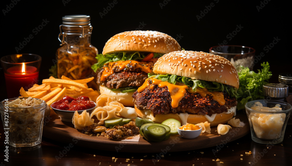 Grilled beef burger with cheese, fries, and refreshing cola generated by AI