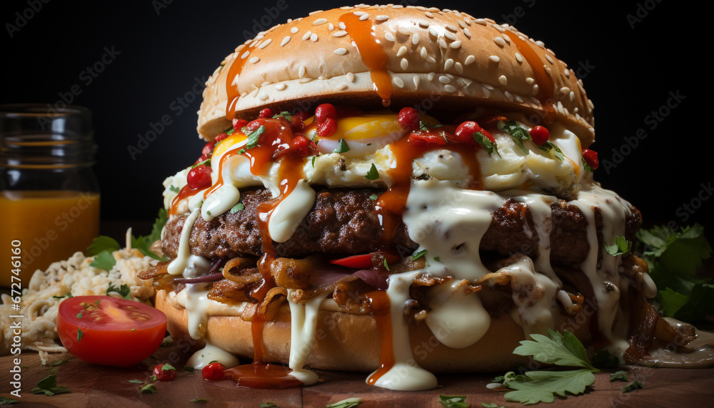 Grilled cheeseburger, fresh tomato, onion, and French fries meal generated by AI