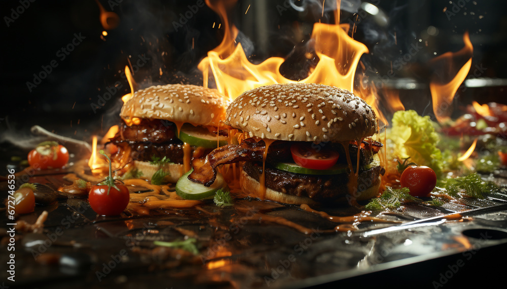 Grilled beef burger on wood, a gourmet flame grilled masterpiece generated by AI