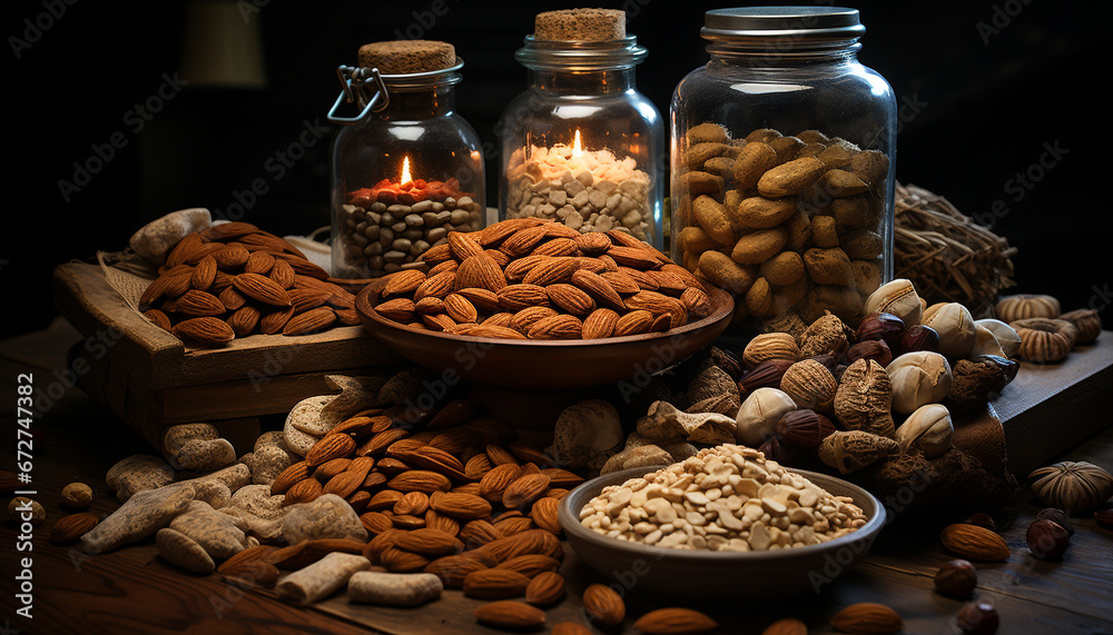 A healthy snack almond, cashew, walnut, and hazelnut in a bowl generated by AI