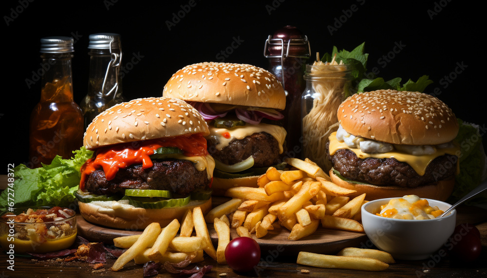 Grilled beef burger with cheese, fries, and fresh tomato generated by AI