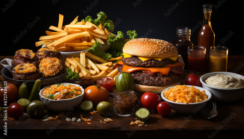 Grilled meat, cheeseburger, fries, and salad on rustic table generated by AI