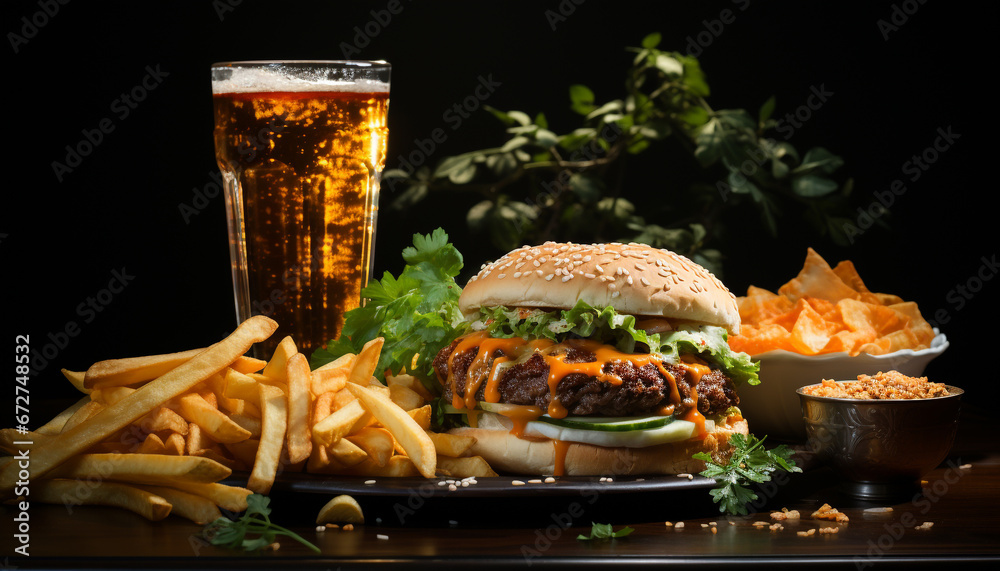 Freshness on a plate grilled meat, cheeseburger, fries, and drink generated by AI