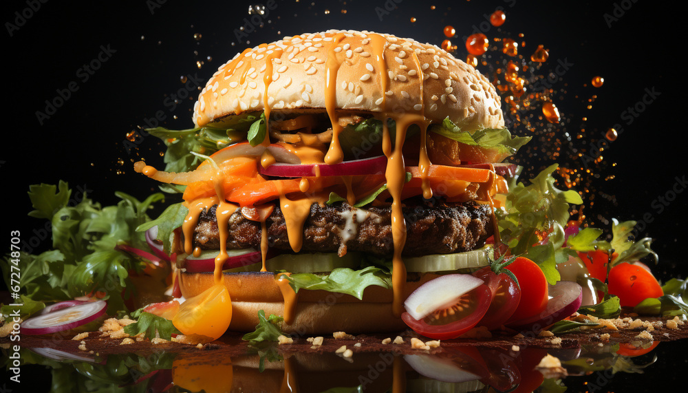 Grilled meat on bun, fresh veggies, American fast food generated by AI