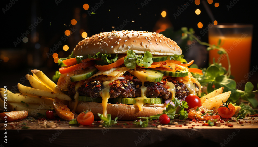 Grilled beef burger with cheese, tomato, and fresh vegetables generated by AI