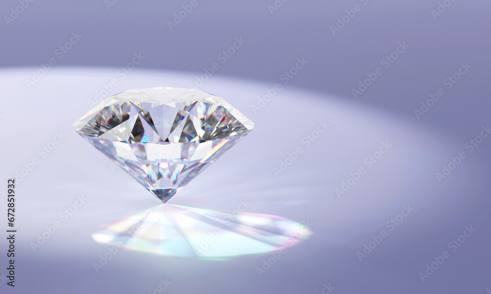 One clear brilliant diamond placed on blue glossy background 3d rendering