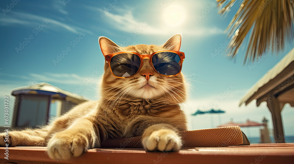 a cat with fashion sunglasses , is lying On the roof , 