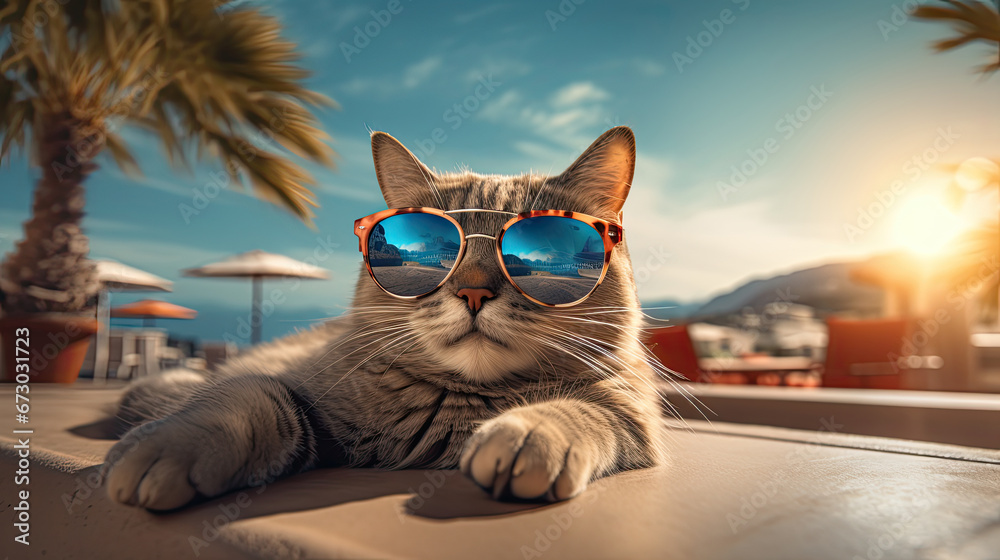 a cat with fashion sunglasses , is lying On the roof , 