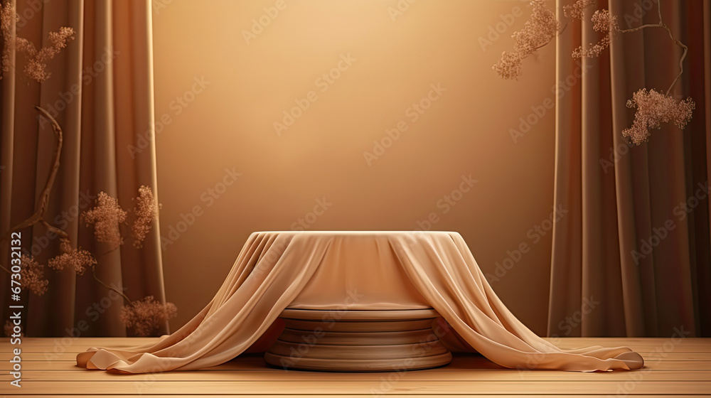 3D display podium, brown background with wood frame pedestal and flying silk cloth curtain. Nature wind. Beauty, cosmetic product presentation stand. Luxury feminine mockup 3d render advertisement,