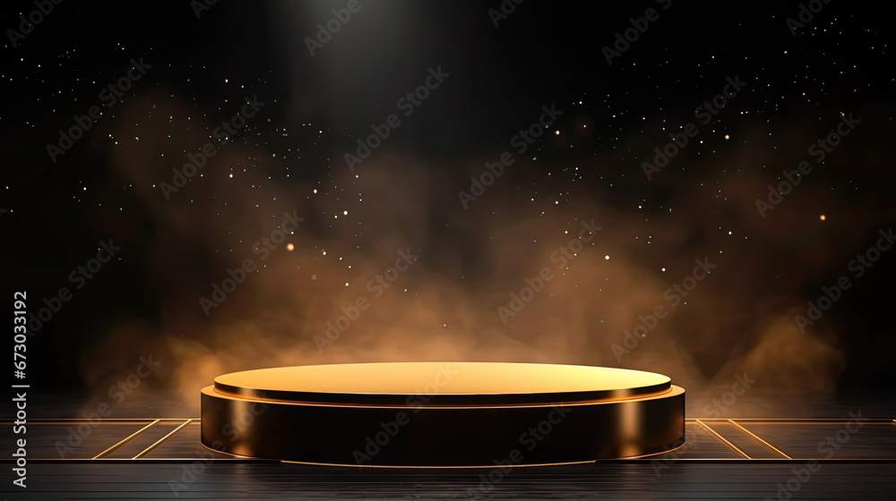 luxury Gold podium on dark background with smoke. Empty pedestal for award ceremony. Studio Scene For mock up, minimal product design,3D rendering