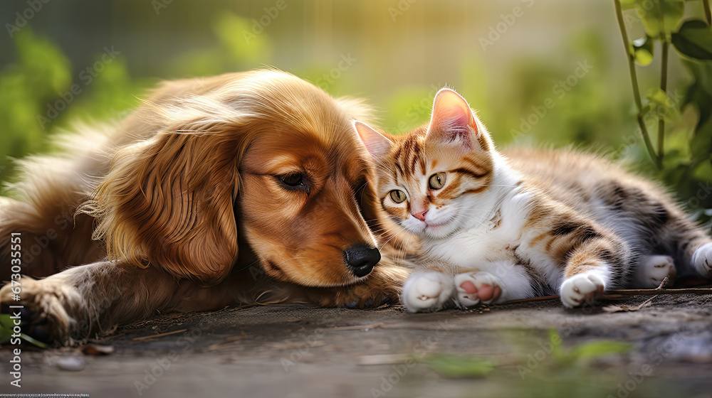 portrait of a dog and a cat looking at the camera in front of a blur background