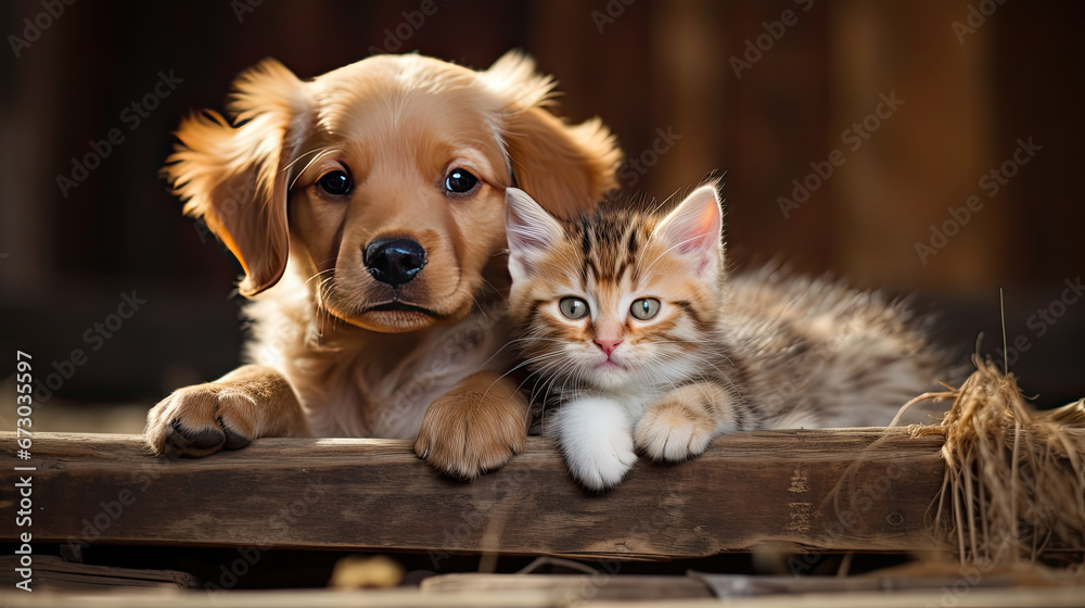 portrait of a dog and a cat looking at the camera in front of a blur background