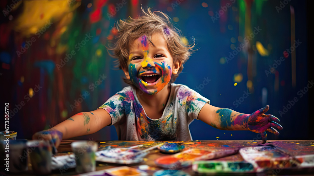 happy child playing with paint