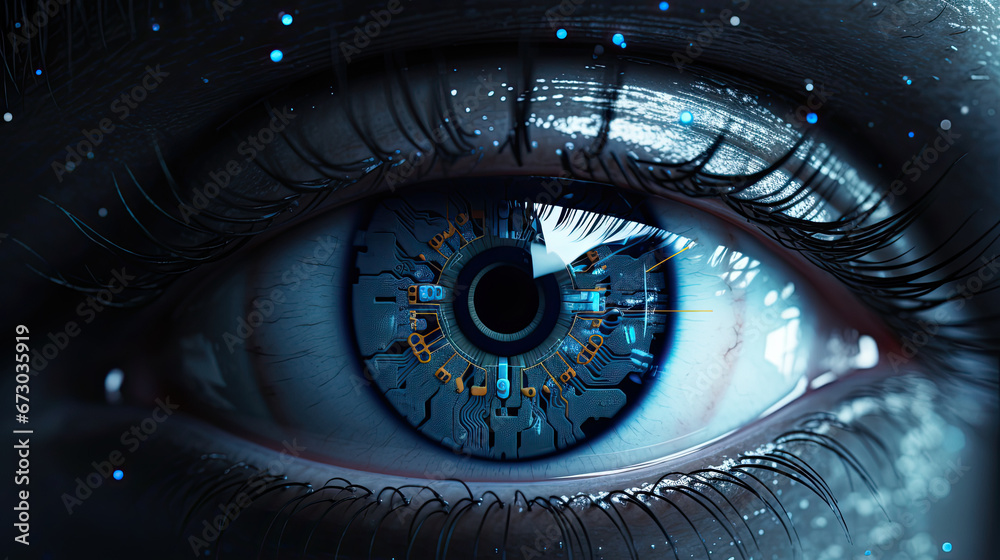 Futuristic robot eye technology, blue digital iris,eye of the person