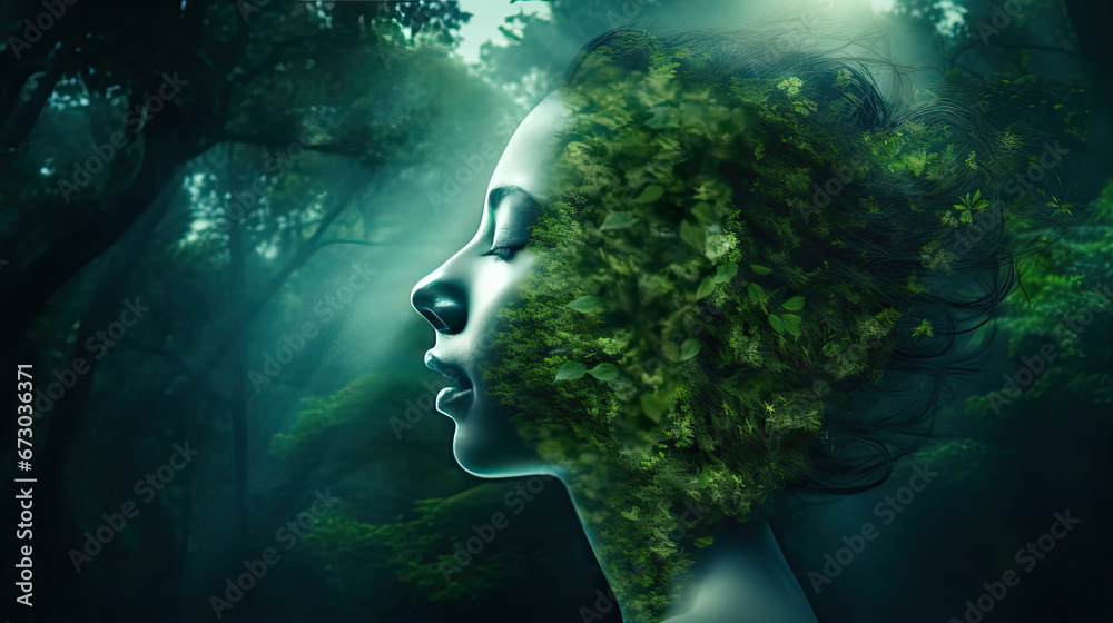 portrait of woman blended with nature, forest trees form face, creative art of beauty and tranquility, abstract girl profile in green woods,