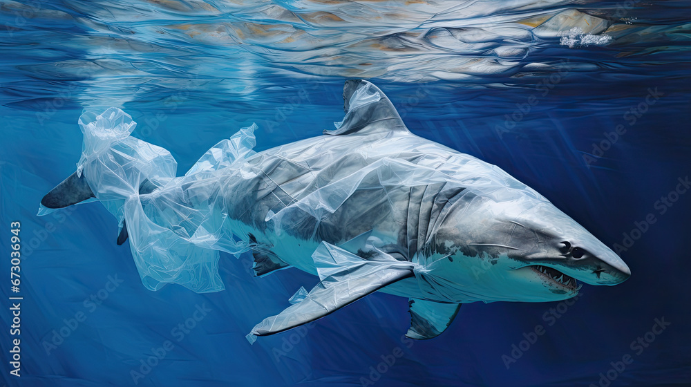 shark with transparent plastic bag swimming underwater representing concept of environmental pollution 