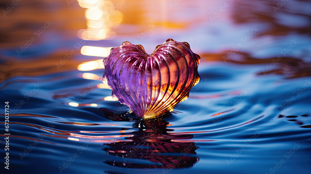 heart-shaped seashell in the water on blur background