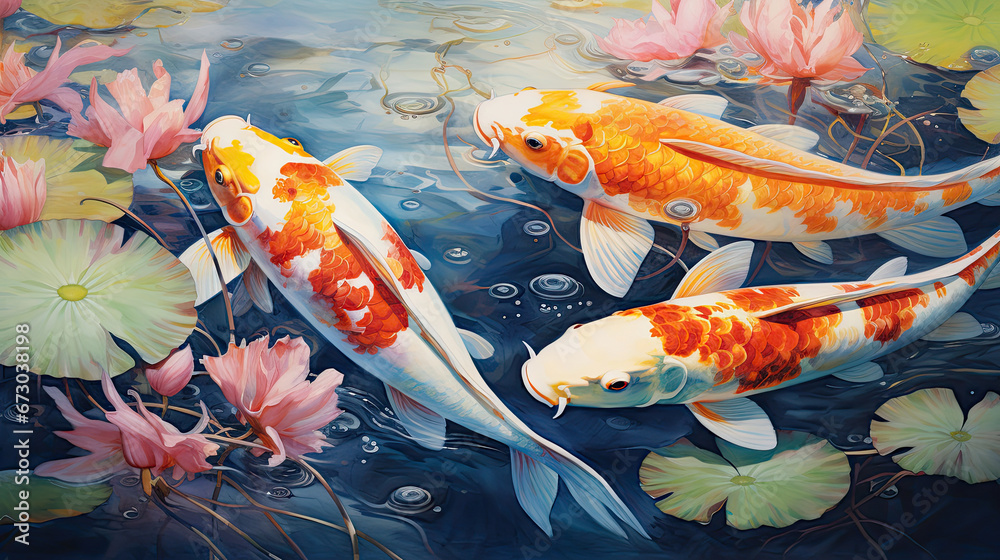 Water lilies and Koi fish in a serene Japanese pond,