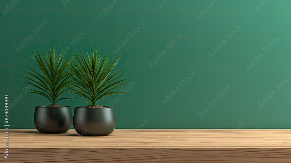 green plant on the woofen table on green wall background,  design for product presentation background. mock up,Minimal cozy counter mockup