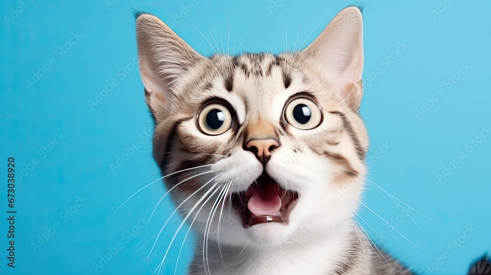 Shocked cat with big eyes isolated on blue background, funny animal expression