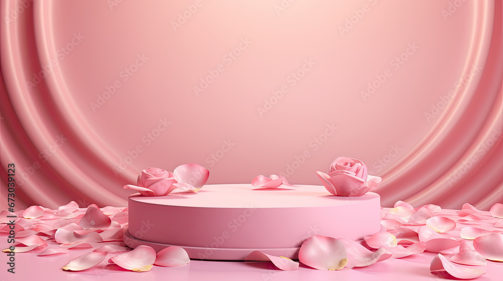 Pink podium with rose petals on pink background