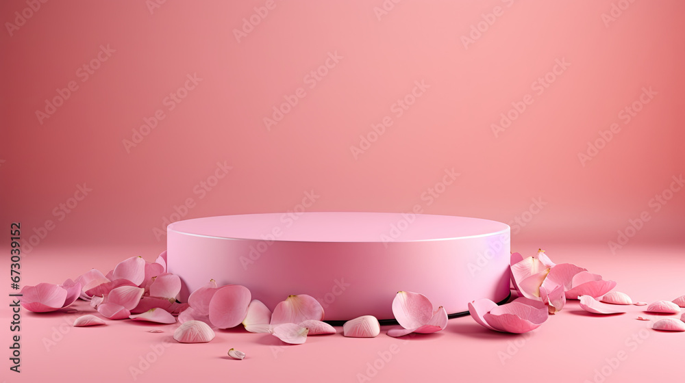 Pink podium with rose petals on pink background