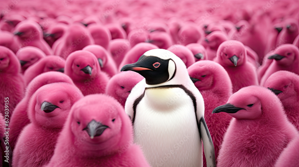 pink penguins on the beach with one white penguin, diferent, diversity concept