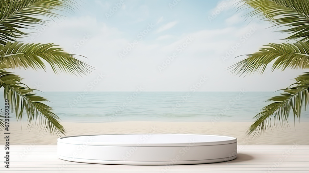 Summer tropical background, white Podium on sand beach on sea background, Mock up for the exhibitions, Presentation of products, 3d render.