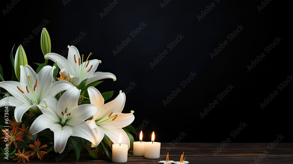 Beautiful lily and burning candle on dark background with space for text