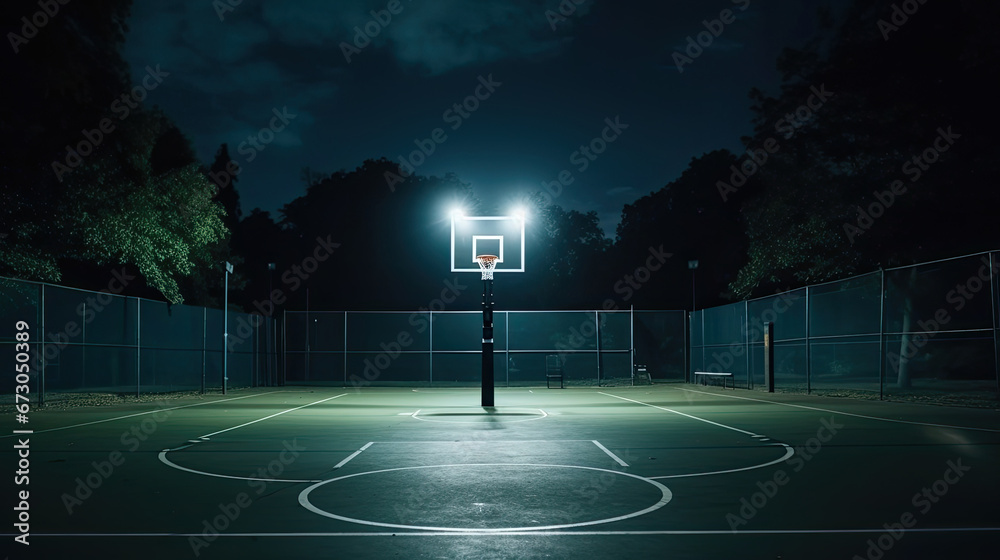 Empty basketball court in the night park, lights at night