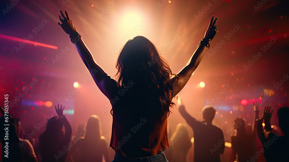 crowd of people dancing, Girl DJ in club and people dancing in electronic music, techno or raving in laser spotlight. 