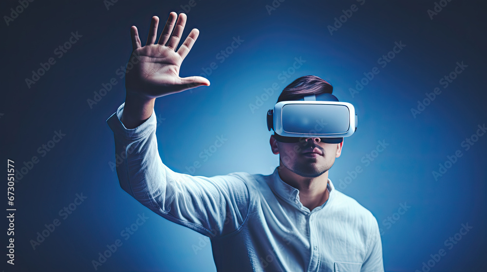 Virtual reality 3d augmented experience exited digital generate person wear vr glasses goggle headset hand gesture touch 3d object in virtual world fun cheerful and remarkable,