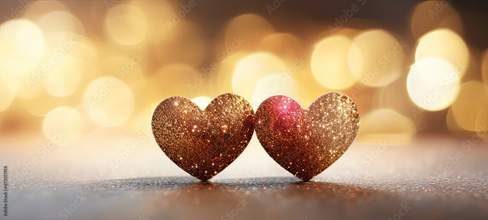  Two golden heart On gold Glitter In Shiny background with bokeh lights wit copy space,Valentines day card