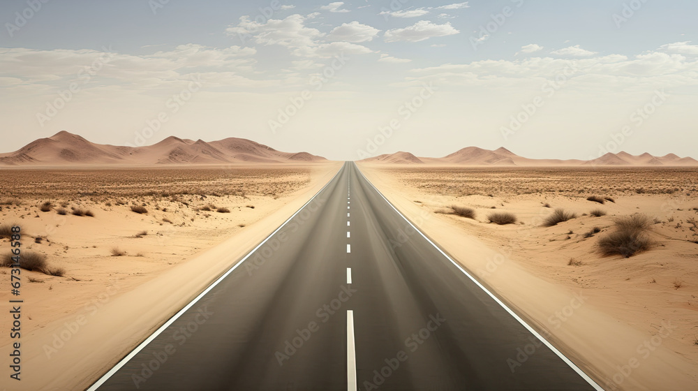 empty road in desert, sand dunes in the desert, Landscape view of dusty road desert