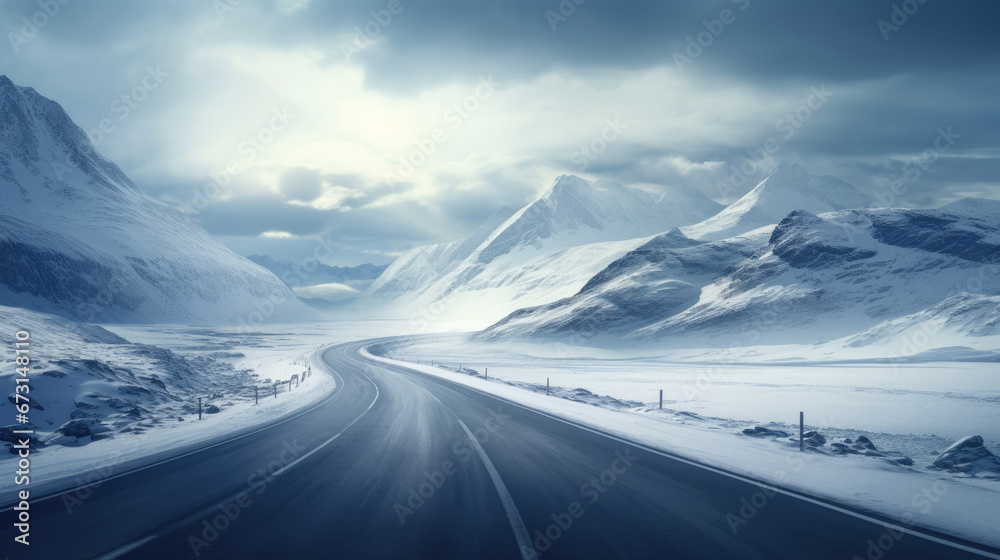 a snowy road through a winter snowy mountain side