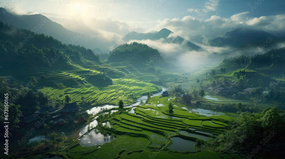 An aerial view of a vast  terraced rice fields and lush rice field