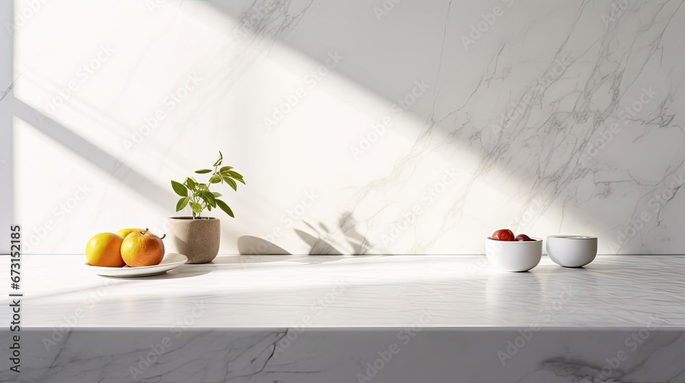 empty table Marble stone on modern kitchen interior background. Scene stage showcase for montage you products, promotion sale or advertising, mockup