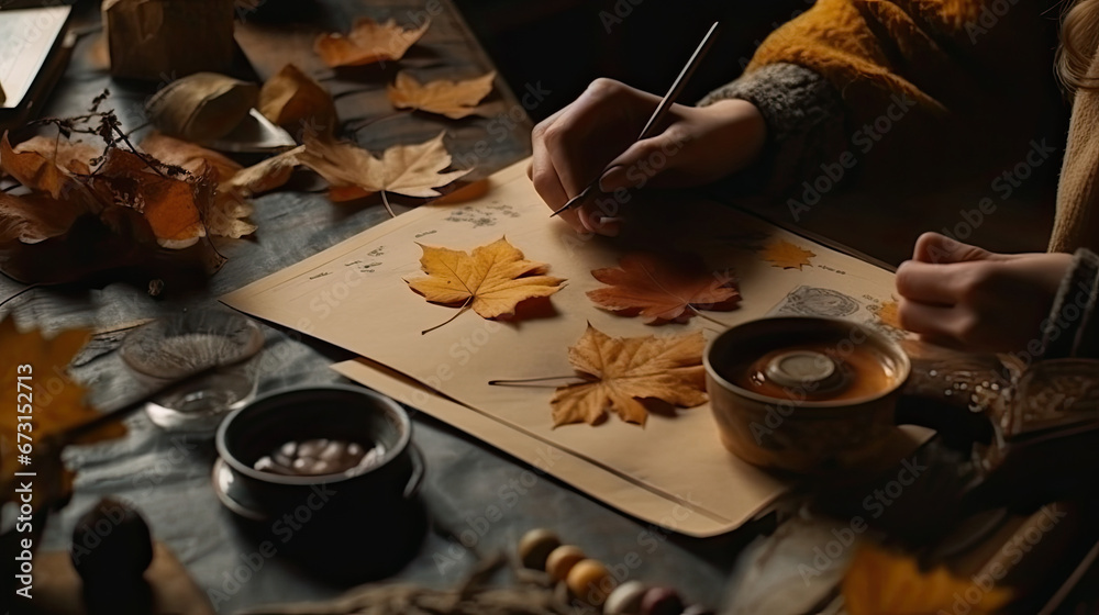 Autumn art and craft. Little child making autumn decoration from dry leaves and forest berries. Childrens art project. DIY concept,