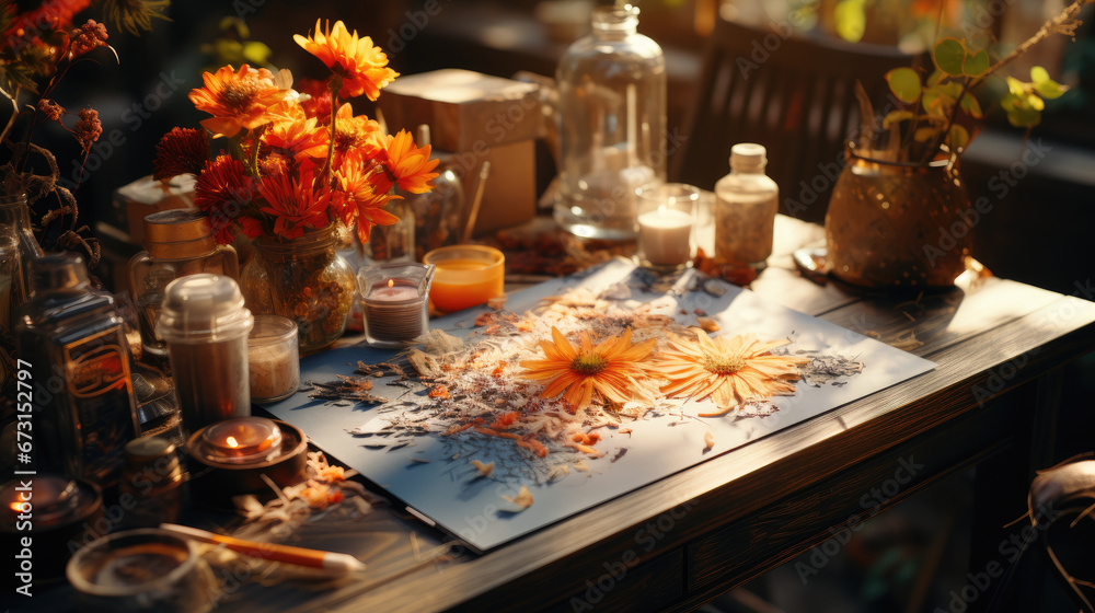 Autumn art and craft. Little child making autumn decoration from dry leaves and forest berries. Childrens art project. DIY concept,