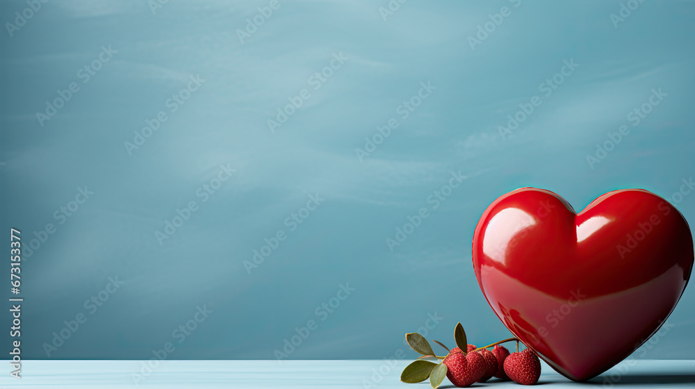 red heart shape on blue background with copy space, 3d heart