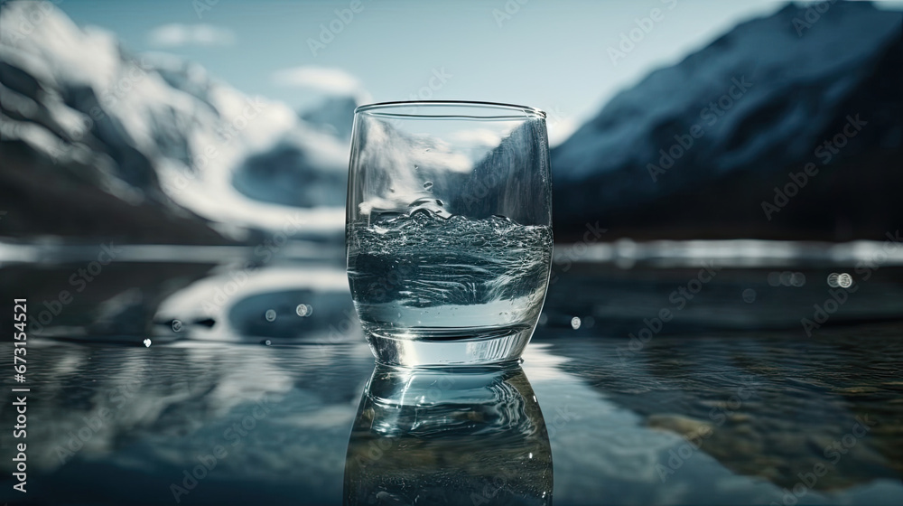 Glass of pouring crystal water on blurred nature snow mountain background.  Healthy refreshing drink