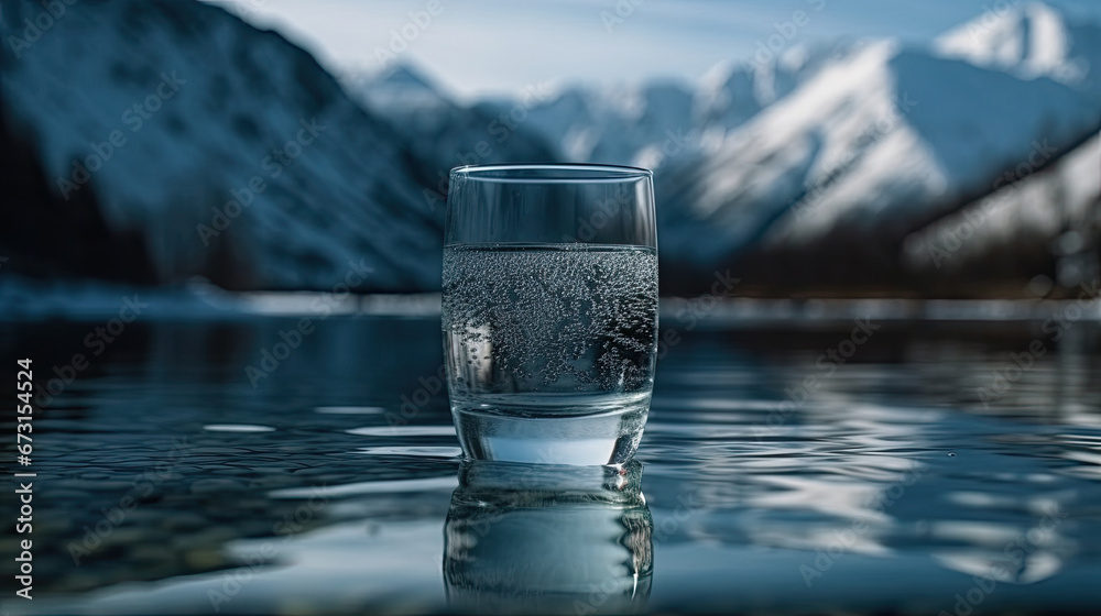 Glass of pouring crystal water on blurred nature snow mountain background.  Healthy refreshing drink