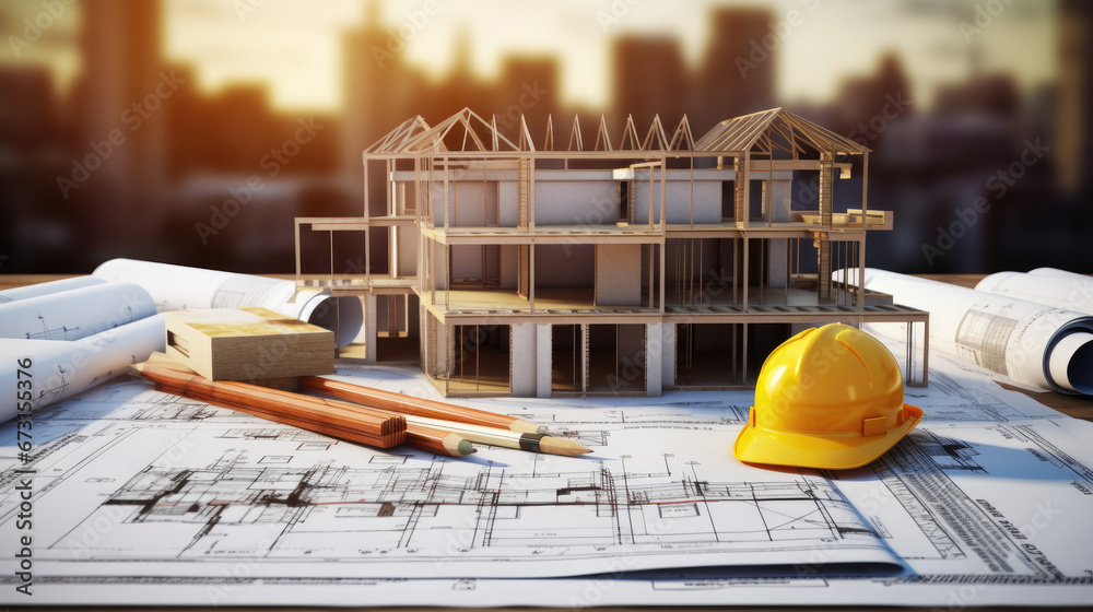 construction of the project, building house on blueprints , model house under construction