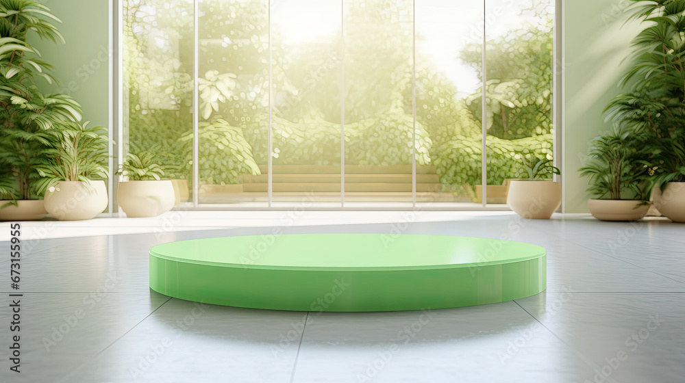 Green empty round podium on sustainable spa relax interior background with large window and potted plants. Scene stage showcase for beauty and spa products, cosmetics, promotion sale or advertising