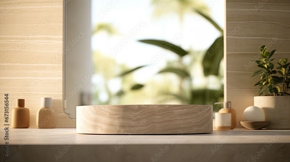 Travertine empty round podium on blurred  bathroom interior with plants and towels. Scene stage showcase for beauty and spa products, cosmetics, promotion sale or advertising, mock up