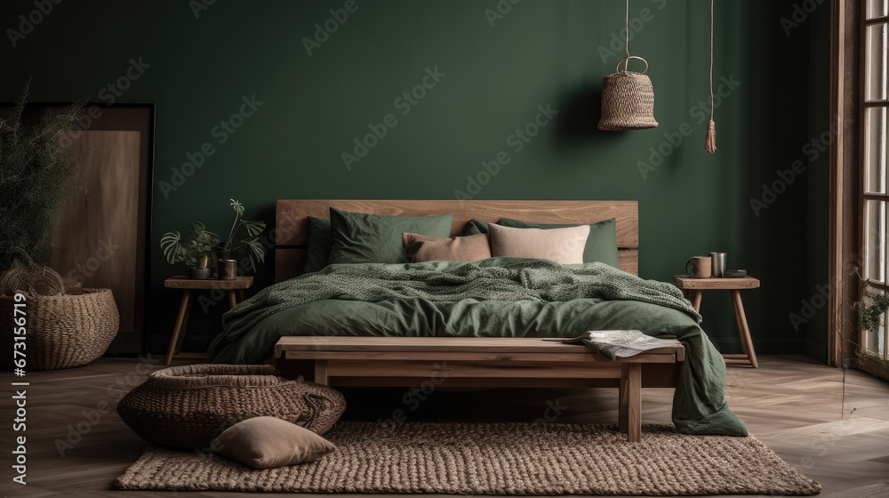 Cozy sustainable bedroom in natural colors with wooden furniture, stylish interior accessories and natural cotton textile indoor plants. Eco friendly home interior design